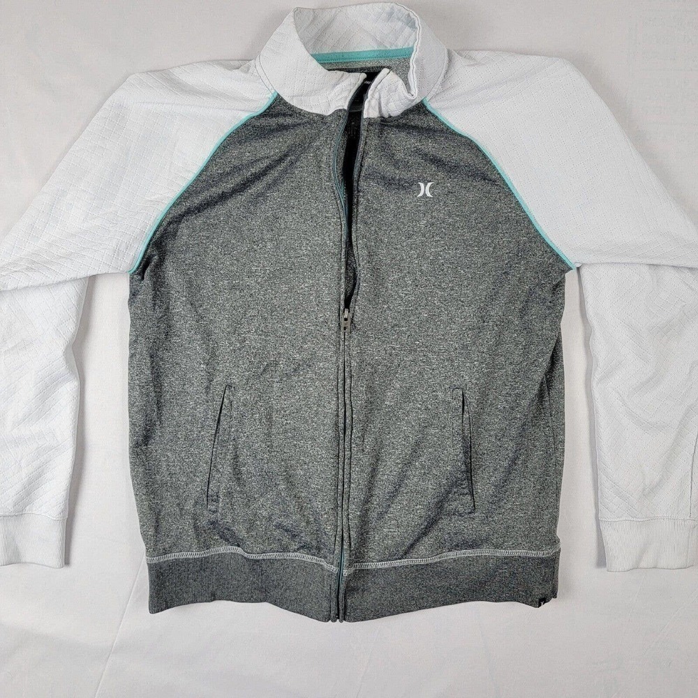 HURLEY Men’s Size L Full Double Zip Striped Hoodie Long Sleeve White/Gray